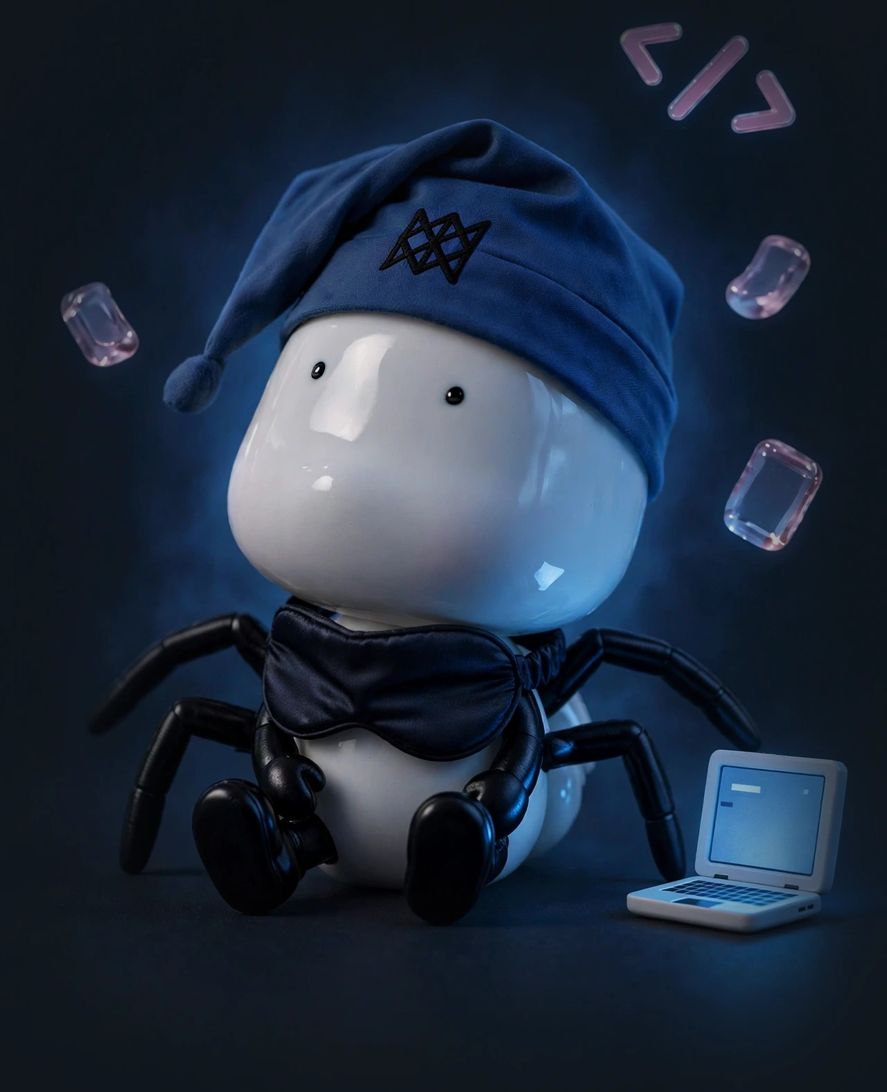 The Wyrd sidekick, a small white spider in a nightcap, watching the demo