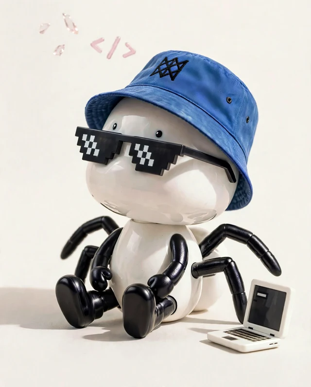 The Wyrd sidekick, a small white spider in a blue bucket hat and pixel sunglasses, watching the demo